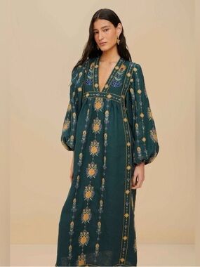 Farm Rio Green Pineapple Embroidered Euroflax™ Linen Maxi Dress